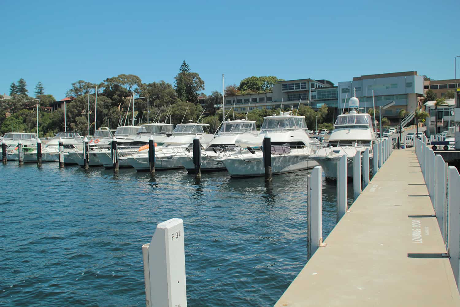 View from the jetty of powerboat yachts at Claremont Yacht Club