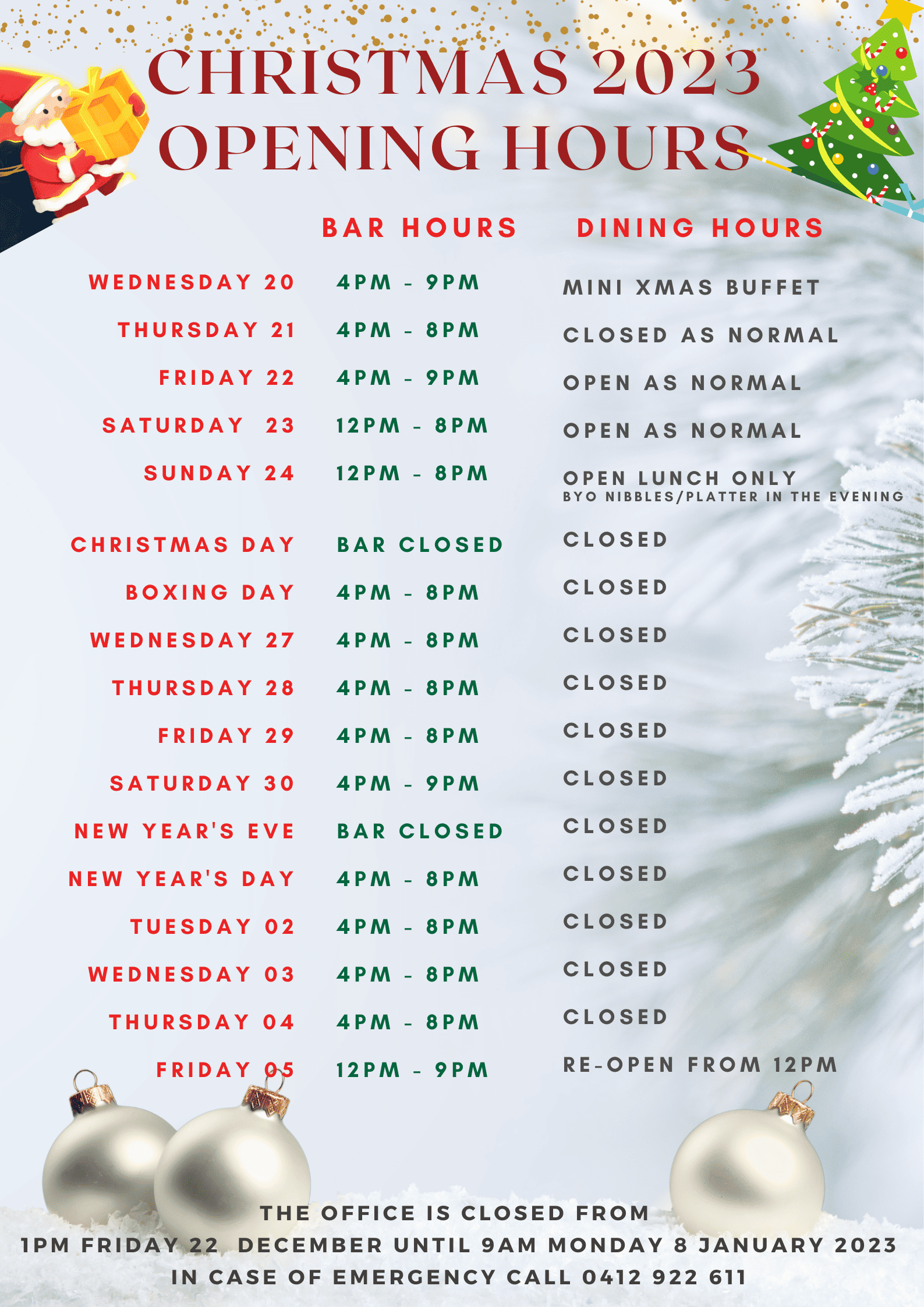 Christmas 2023 & Jan 2024 Opening Hours Claremont Yacht Club